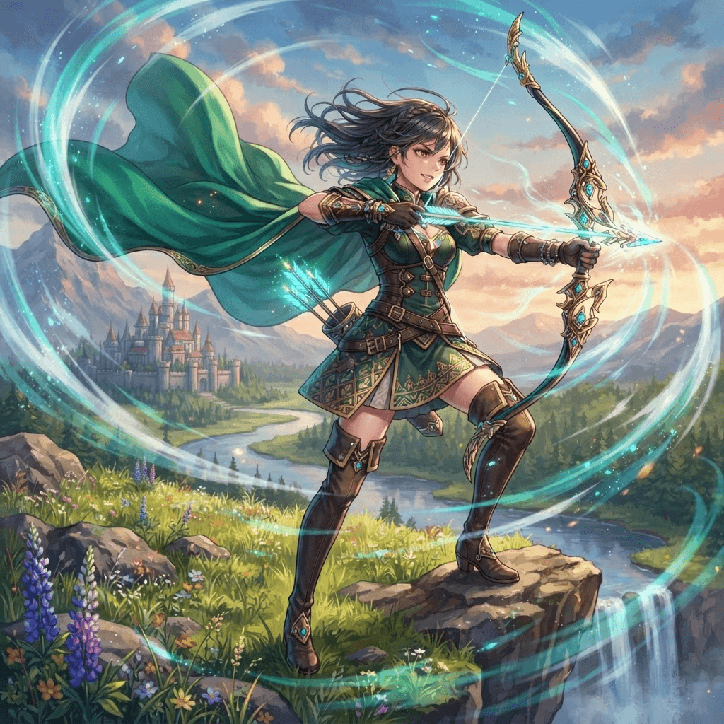 anime archer girl in a windswept green cape, swirling teal wind effects, cliffside meadow, ornate fantasy outfit, gacha fantasy art, vibrant, crisp high detail