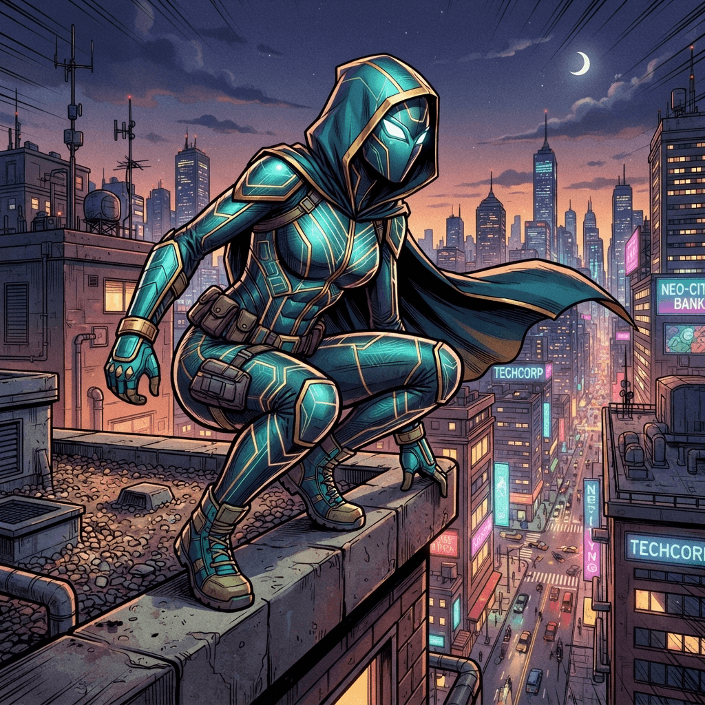 masked vigilante in a teal and gold hooded bodysuit with angular geometric line patterning, sharp white visor lenses, crouched on a rooftop ledge at dusk, city skyline behind, bold comic book illustration, vibrant, crisp high detail