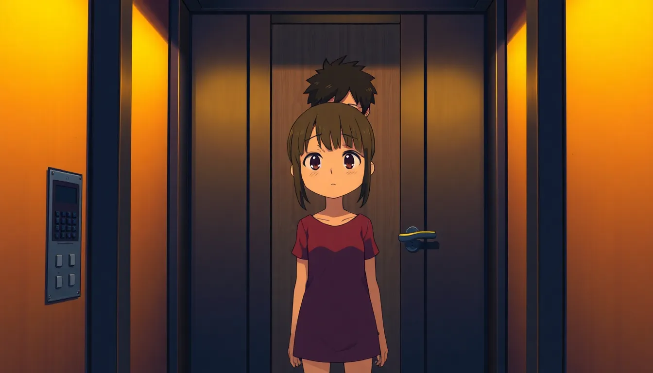 “Inside a cramped elevator glowing with soft yellow light, a young female cartoon character stands tensely in the corner. A scruffy male cartoon character enters behind her, the elevator doors partially closing. Ghibli-style, warm yellow lighting, tense.”
