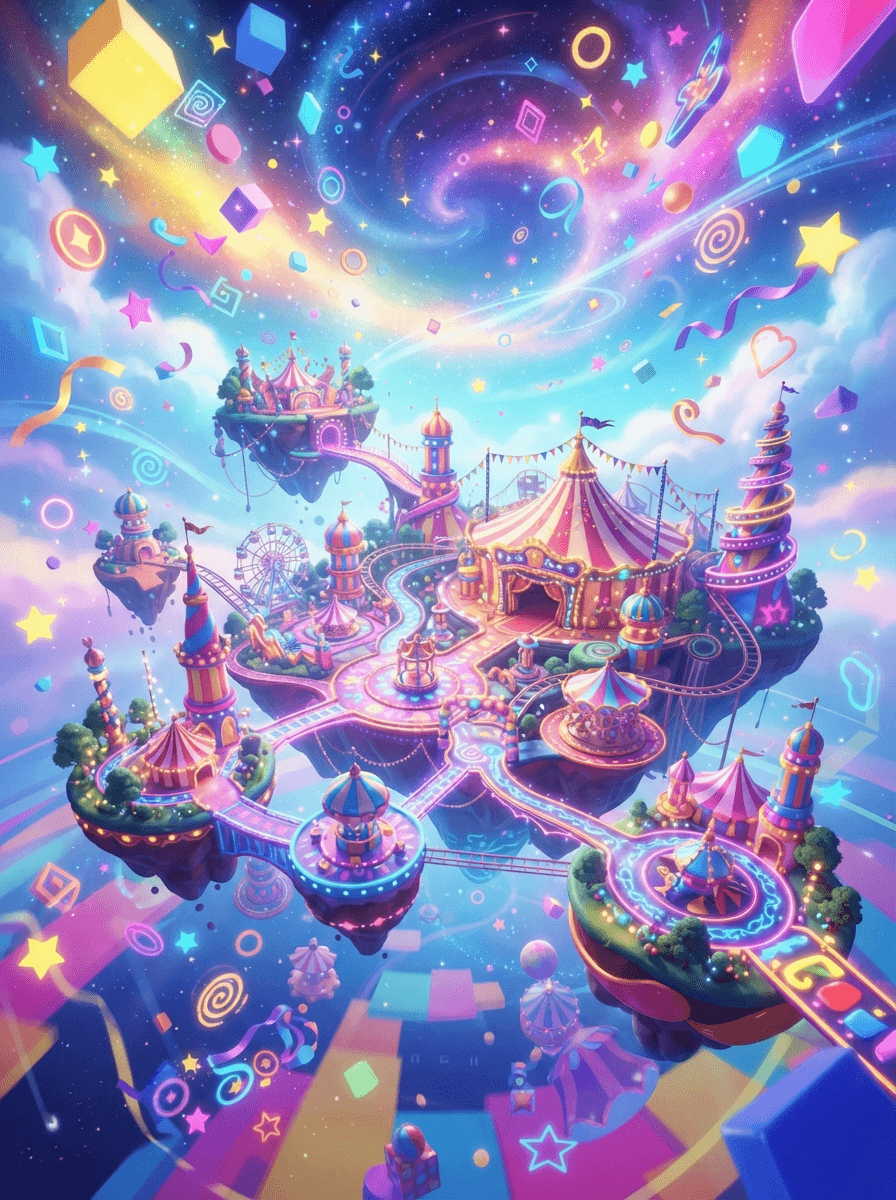 Amazing Digital Circus wallpaper scene, a dreamlike floating circus world with drifting shapes, no characters in focus, wide sweeping vista, phone wallpaper composition, glossy 3D circus style, polished expressive 3D animation, bright colorful Amazing Digital Circus environment, no text, no logo, no watermark