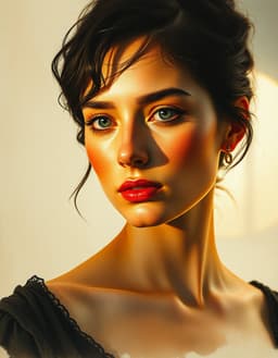 a portrait of a dark‑haired figure illuminated by neo‑baroque chiaroscuro lighting, set against a softly focused atmospheric background, rendered in a delicate watercolor style with translucent washes, fluid brushstrokes, soft organic edges, blooming pigments and subtle paper texture visible; light, airy muted tones of ochre, burnt sienna and golden accents blend gently, while occasional granulation and salt effects add authentic imperfections; the composition retains the dramatic high‑contrast lighting and golden‑hour highlights on the skin, but all brushwork and color appear as fluid, semi‑transparent layers on paper, giving the image an ethereal, hand‑painted quality.