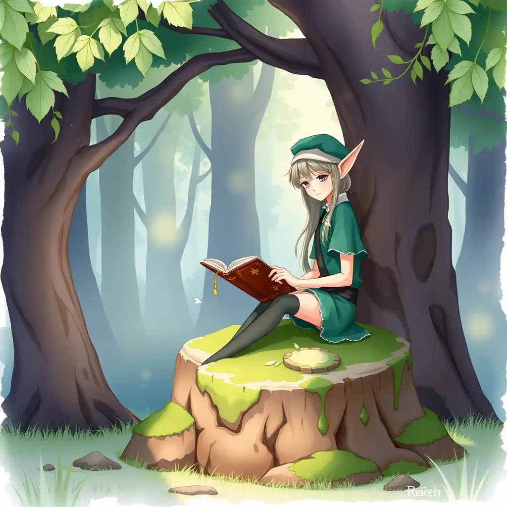 in a charming, serene woodland setting, frieren the elf mage from frieren: beyond journey's end is seated on a moss-covered tree stump, surrounded by the soothing atmosphere of a forest glade. the anime-inspired aesthetic blends harmoniously with the delicate textures of watercolor, evoking a cozy and intimate ambiance. muted greens and purples dominate the color palette, as gentle washes of soft, feathery brushstrokes dance across the landscape, imbuing the scene with a sense of peace and tranquility. the elf mage's slender figure is lost in concentration as she reads a worn leather-bound tome, her eyes fixed intently on the pages. a warm, ethereal light filters through the canopy above, casting dappled shadows across the forest floor, while the soft rustle of leaves and the distant chirping of birds create a soothing melody. the overall effect is a captivating and enchanting depiction of frieren in her natural woodland surroundings, exuding a sense of serenity and wonder.