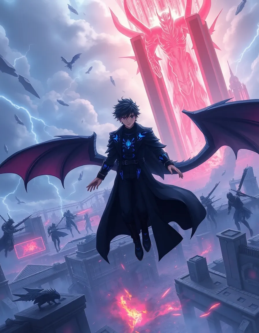 A high-fantasy anime-style cinematic battle scene inspired by Solo Leveling: a young Shadow Monarch floats midair above a destroyed futuristic city, summoning an army of shadow soldiers and colossal beasts. He wears black armor with glowing blue mana veins, a long coat, and his eyes emit violet light. Behind him, a shadow dragon and undead knights loom. The sky is split by a colossal Obsidian Gate releasing eldritch invaders — grotesque, glowing red beings with porcelain masks and cosmic weaponry. The atmosphere is apocalyptic, with magical lightning, floating rubble, and dimensional rifts in the sky. Style inspired by Solo Leveling, Bleach, and Fate. Hyper-detailed, cinematic lighting, ultra-HD anime splash panel quality.