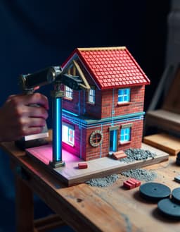 a miniature 1:24-scale two‑story brick house under construction on a wooden workbench, tiny red bricks, wet cement, wooden roof beams, miniature windows and doors, with full‑size human hands carefully assembling it, captured in warm natural daylight with shallow depth of field. in the same scene, a sleek synthwave‑styled xy robotic membrane‑swap system sits beside the workbench: a chrome‑reflective titanium‑grade‑5 gantry with dual stepper motors, neon‑lit cyan blueprint lines, magenta and electric cyan gradients, laser‑line accents and lens flares, holding polymer/ceramic membrane disks on titanium‑duplex carriers, solar‑battery panels and a uv‑sealed housing. the futuristic system glows against a midnight‑blue backdrop, contrasting the realistic miniature construction.