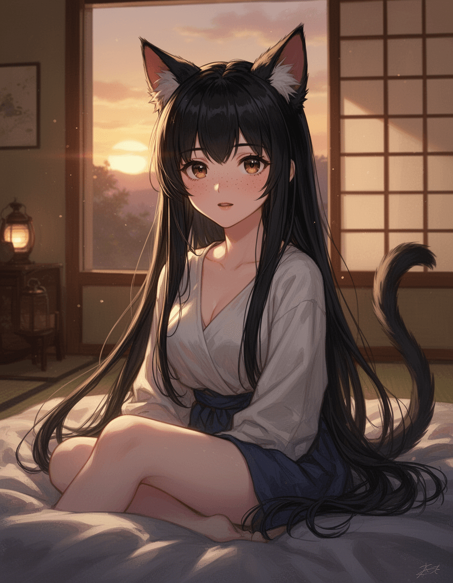“anime-style portrait of a girl with cat ears, long black hair, soft golden hour lighting, warm tones, detailed skin shading, cozy indoor setting, shoji screen background, cinematic depth of field”
“beautiful anime girl with subtle freckles, glossy lips, cat ears and tail, sitting by a window, soft sunlight streaming in, highly detailed digital painting, warm color palette, 4k”
“fantasy catgirl character, long flowing hair, relaxed pose on bed, soft ambient lighting, Japanese room interior, painterly anime style, gentle expression, ultra detailed”
🌅 Lighting & Mood Variations
“anime catgirl in warm sunset lighting, soft shadows, glowing skin highlights, cozy bedroom, calm atmosphere, cinematic framing, shallow depth of field”
“moody evening scene, cat-eared girl lit by lantern light, warm and dim tones, soft reflections, detailed digital illustration, anime realism”
🎨 More Artistic / Painterly
“semi-realistic anime portrait, catgirl with silky black hair, soft brush strokes, glowing skin, warm interior lighting, inspired by modern digital artists, highly detailed rendering”
“highly detailed anime illustration, elegant catgirl, natural pose, soft lighting, textured skin shading, painterly style, artstation quality”
📸 Composition / Camera Focus
“close-up portrait of anime catgirl, soft focus background, natural pose, warm window light, cinematic composition, realistic lighting and shadows”
“medium shot, catgirl sitting indoors, soft light falling across face, depth of field, photorealistic anime rendering, gentle expression”