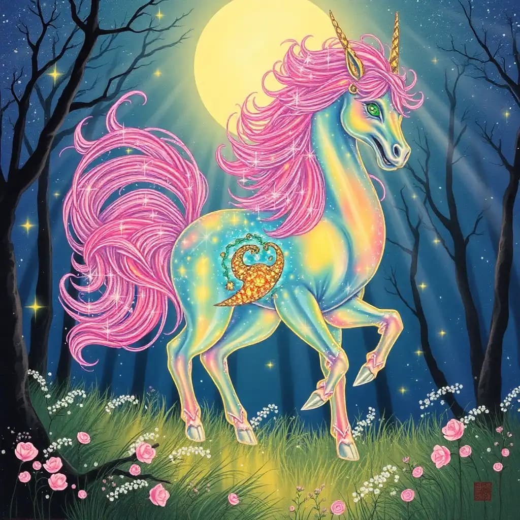 in this utterly "sparkly" japanese woodblock print, a dreamlike magical forest bursts with lunar magic, where wispy moonbeams dance across dew-kissed grass like a tantalizingly fleeting symphony of sparkles. amidst this dreamscape, the majestic, towering kirin materializes, exploding into an essence of vibrant color, as vibrant threads of opalescent crystal drape across her delicate, branch-like legs, sending shafts of shimmering starlight skyward.

her iridescent fur flairs in a dazzling whirlwind of colors: shimmering powdery pastels, radiant gemstones, and warm metallic hues blending into an exquisite tapestry that blazes with the fiery passion of enchanted wonders. as sparkling silken strands weave through the creature's crystalline body, glittering constellations reflect brilliant starlight within the ethereal realms of her luminous, crystal-green eyes.

ancient wisdom lingers within those enigmatic pools, illuminating her heart, which brims with the deep, profound love of a compassionate guide, orchestrating harmony between creatures and nature. her 'shining face' blossoms with soft, kind radiance, as life flourishes in her shimmering aura, embracing an atmosphere infused with peaceful unity.

dainty sprites flit across her wake, reflecting an unending effusion of celestial particles imbuing air, making magical, glittering 'morrow'. radiant perfumes exuded by trees blend pure essence, their collective aura carrying euphoric ascensions, casting enchanting reverberations across misty silver air.

those incredible flickers that blend and unblend constitute an intimate, mystical spectacle of dreams unfolding ceaselessly, thus reminding one of timeless wonders awaiting through the radiant mysteries of this 'sublime and mystical' being, this divinatory, 'spellbinding' creature and wonder - known as the kirin.
