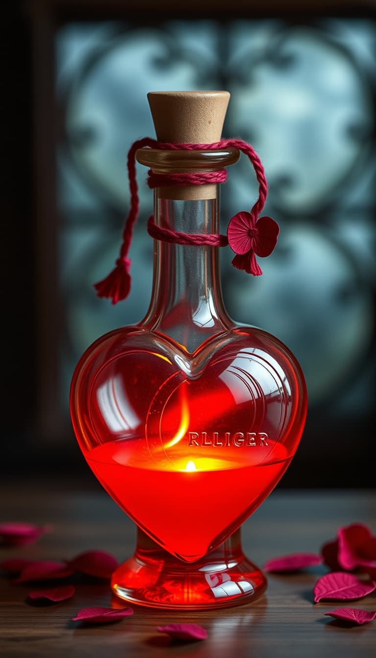 Red heart shaped potion bottle containing a golden elixir