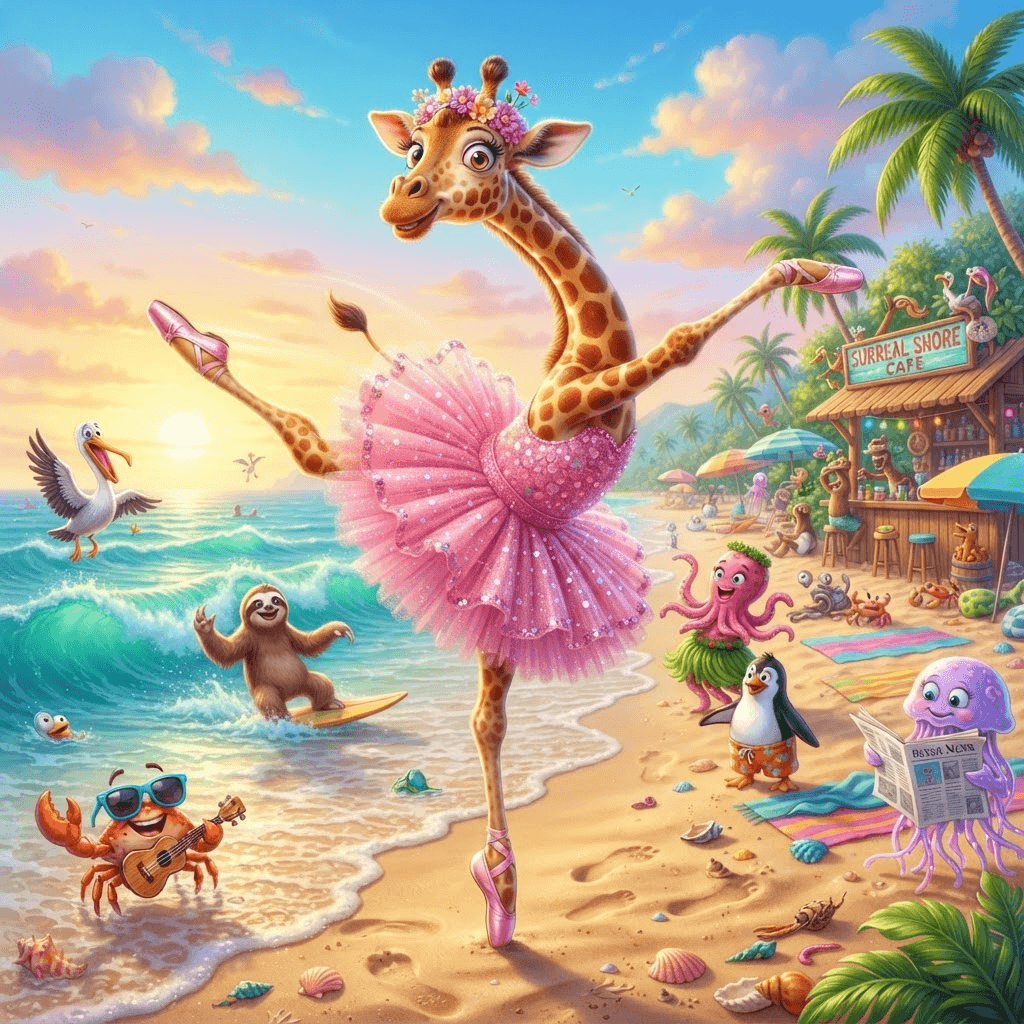 Absurd surreal meme creature: a giraffe in a pink tutu doing ballet on a tropical beach, glossy 3D cartoon render, silly and chaotic, vibrant saturated colors, crisp high detail