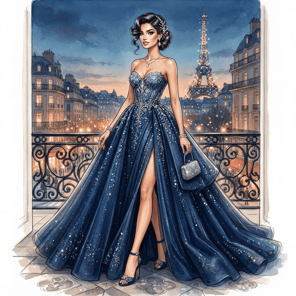 a dress to impress style fashion look, full outfit with hair and accessories, full length gown look, fashion illustration, full body