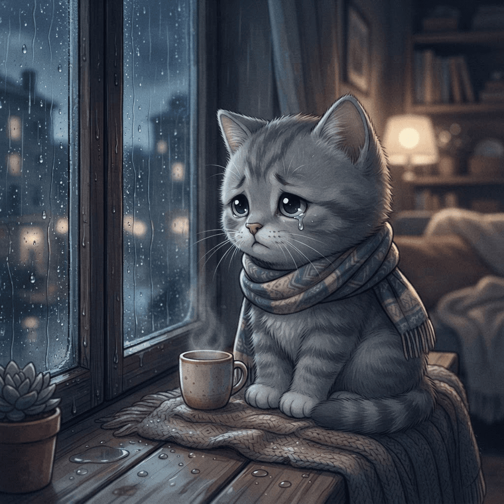 lonely little cartoon cat avatar portrait by a rainy window, desaturated blue-grey tones, cozy melancholy lo-fi mood, sad pfp