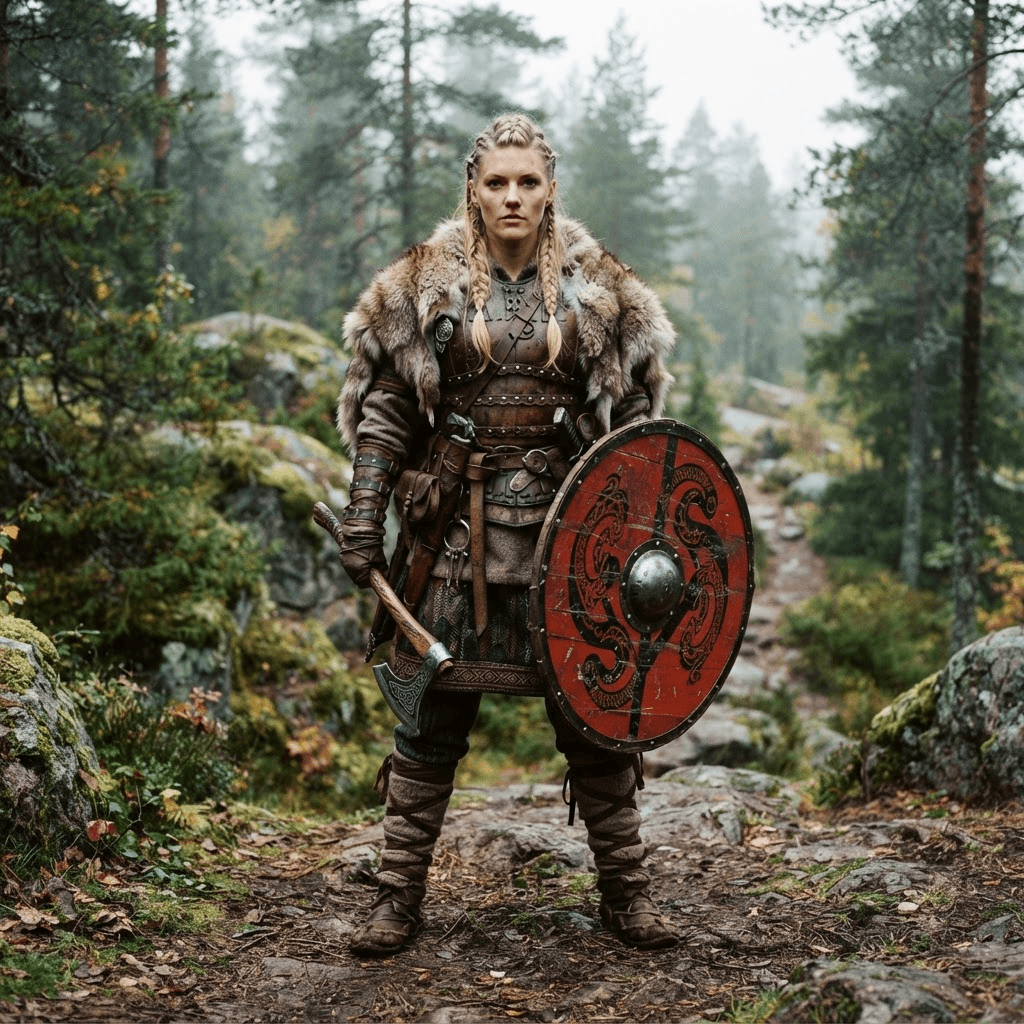a norse warrior in fur and leather armor with braided hair, a round shield and an axe, cosplay reference, full body, standing portrait