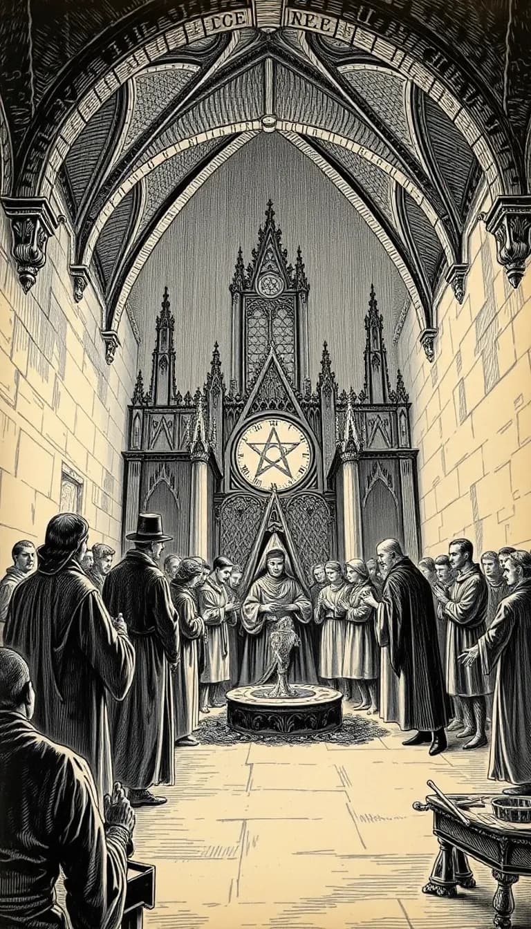 Highly detailed black-and-white engraving of a secret society performing a ritual beneath a cathedral in 1880, vintage etching style, crosshatch ink texture, aged book illustration, 9:16 layout.