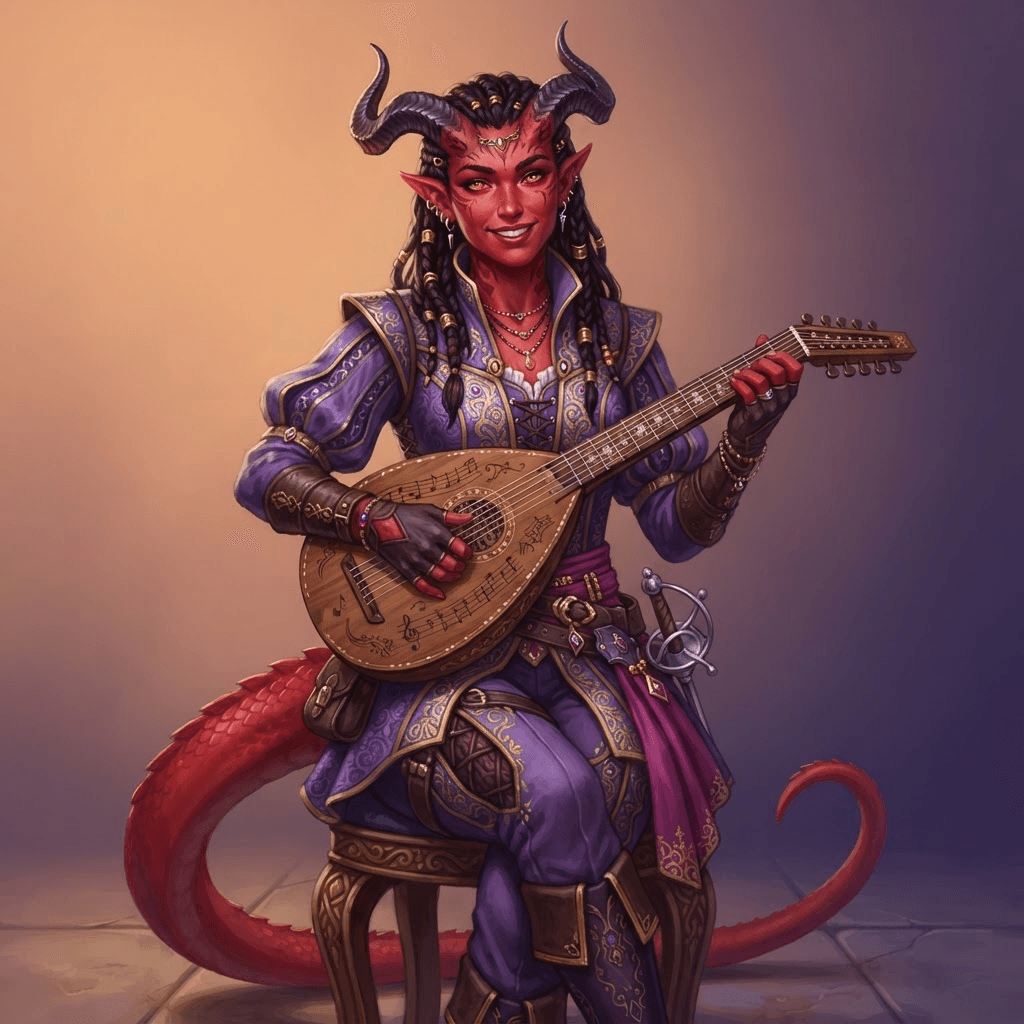 original tiefling oc, crimson skin, curved horns, charismatic bard with lute, violet outfit, painterly fantasy art