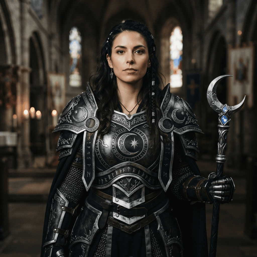 a dark haired cleric in ornate black and silver armor with a shadowed moon motif, cosplay portrait, waist up, detailed costume