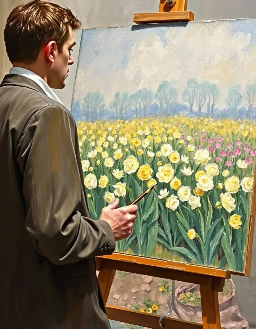 Pierre August Renoir l'originale visto di profilo e in primo piano ha il pennello in mano e dipinge una grande tela raffigurante due bambine che raccolgono fiori gialli in un campo pieno di fiori gialli di Montparnasse. Vedere Renoir dipingere la grossa tela con il pennello in mano. RENOIR DEVE ESSERE VISTO DI OROFILOVed è anziano la scena si svolge nel suo studio. Renoir è bin uomo anziano del 1800  ha il pennello in mano e nell'altra mano la tavolozza Renoir e un uomo anziano del 1800 con baffi
