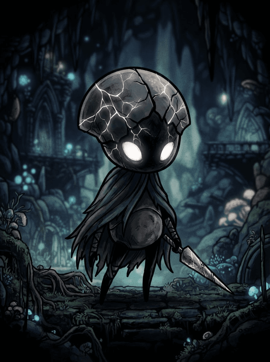 Fractured shell head, dark grey, with faint glow on cracks, in the style of Hollow Knight, hand-drawn gothic 2D art, muted blues and blacks with glowing white eyes, painterly hollow-shell bug character, full-body character portrait, centered, relaxed lively stance