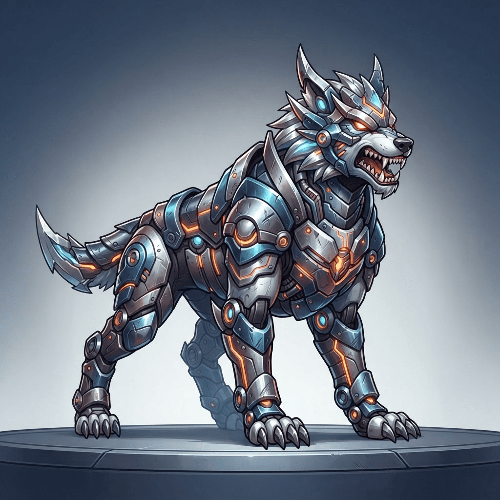 a fierce steel armored wolf fakemon with metal plating, pokemon-style original creature design, full body, centered, clean soft gradient studio background, vibrant colors, crisp high detail, digital illustration