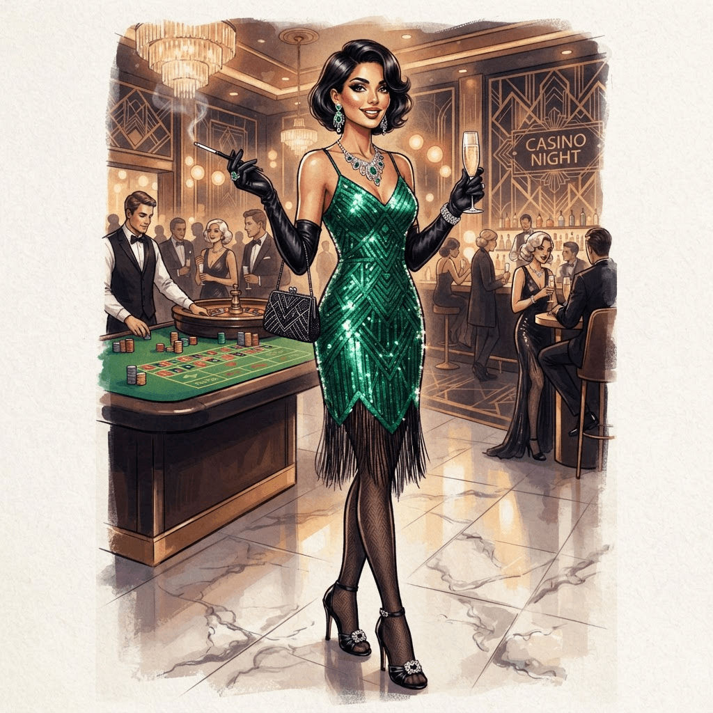 casino night fashion, sequined cocktail dress, satin gloves, art deco jewelry, styled with statement accessories, fashion illustration, full body