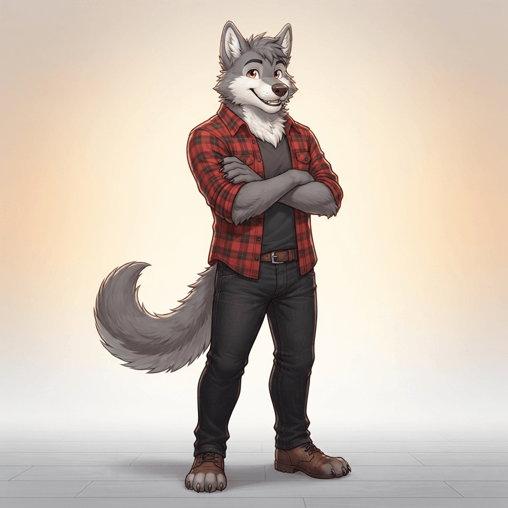 anthro wolf fursona character, full body, warm confident smile, grey fur with white chest and muzzle, pointed ears, thick tail, wearing a flannel shirt and jeans, expressive amber eyes, clean soft gradient studio background, vibrant, crisp high detail, digital illustration