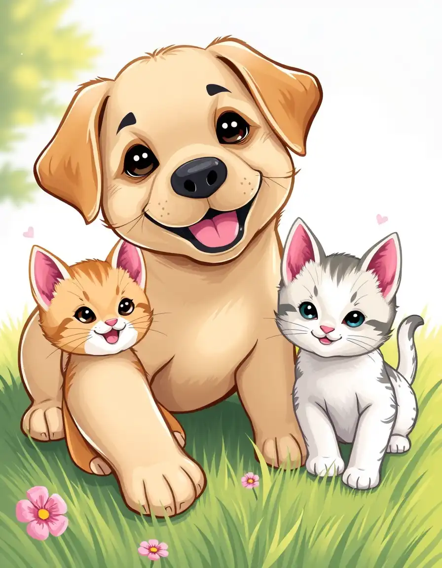 Create an illustration featuring one cute Labrador puppy (smiling) and two cute kittens (smiling) playing on the grass.