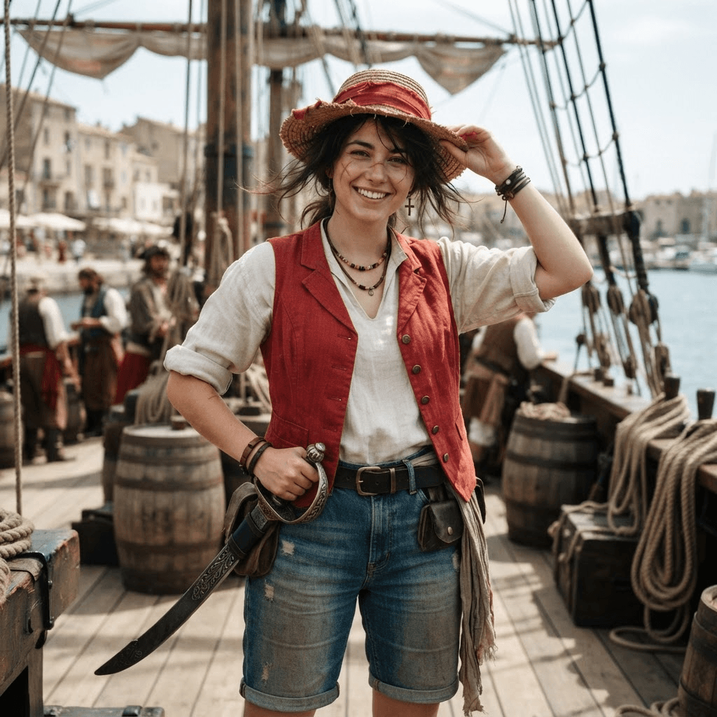 a young pirate in a red vest, straw hat, blue shorts and a scar under one eye, cosplay portrait, waist up, detailed costume