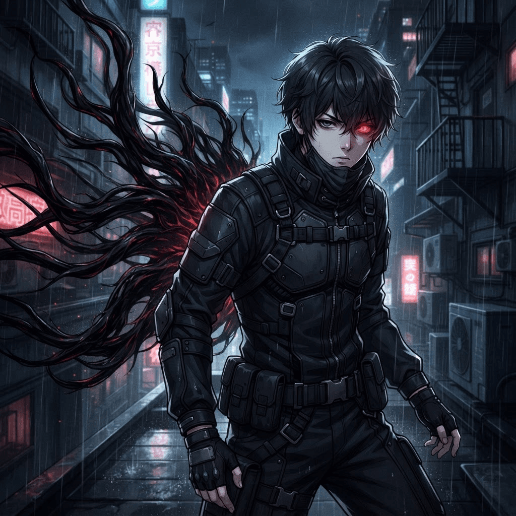 original Tokyo Ghoul style anime OC, young ghoul character with glowing red kakugan eye, black kagune tendrils, dark tactical outfit, moody rainy Tokyo alley