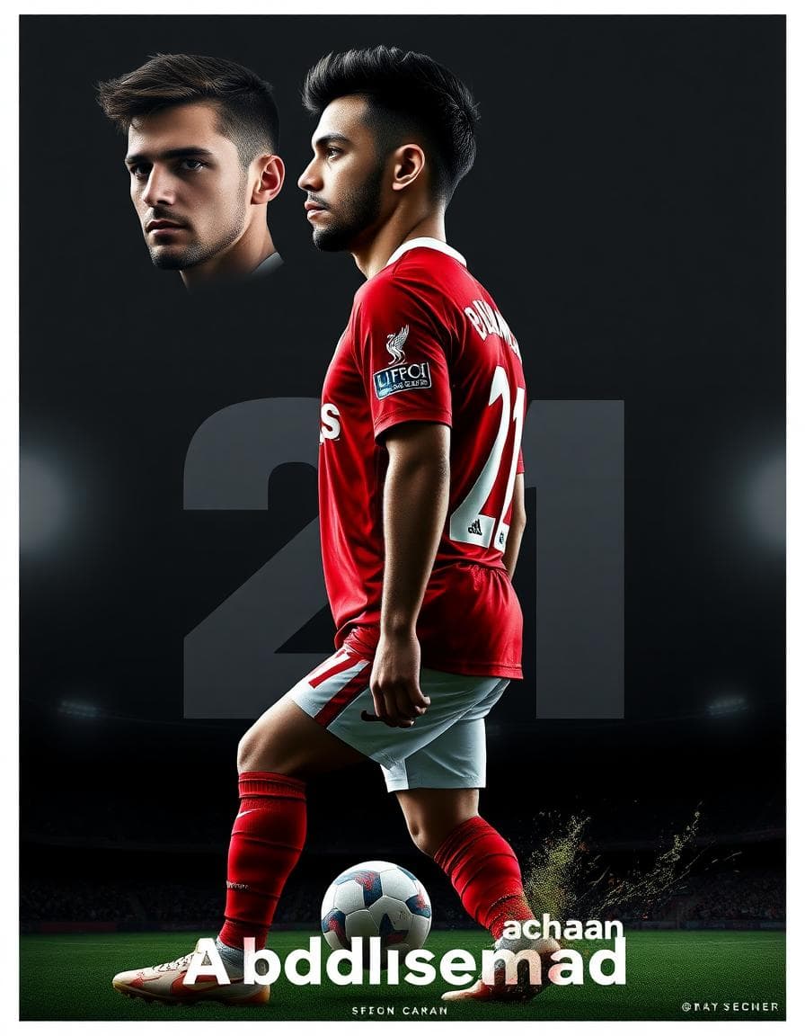 Create a cinematic professional football (soccer) ~ poster featuring [refer image]. Keep the original face, hair, shape, and angle exactly as in the image. Show the person in three perspectives: a close-up liverpool jersey, a side profile view wearing a Liverpool football jersey in the back name Taju Mohammed a full-body shot in full football kit (jersey Liverpool shorts, socks, and cleats) with sponsor logos. At the bottom, place a dynamic action scene of the player performing a powerful kick with a football, with motion blur and flying grass around. The jersey must clearly display the number 21 on the front, back, and shorts. Use a bold dark grey stadium background with a large number 21 dan name'Abdulsemad'  glowing behind the character. The overall style should be ultra-realistic, high-resolution, cinematic, and professional sports poster.