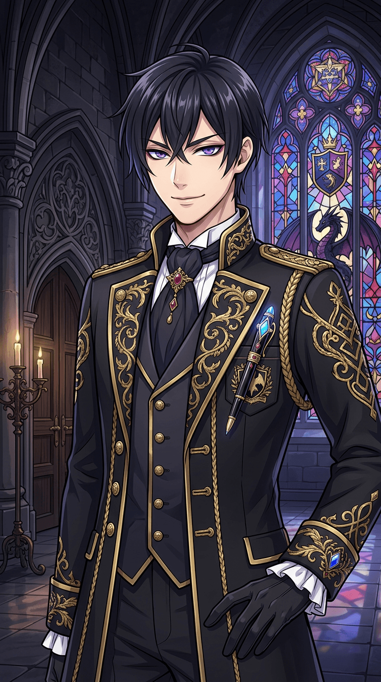 Original character in the art style of the Twisted Wonderland mobile game: an elegant anime student at a dark magic academy, close-up portrait from the waist up, sharp confident eyes, ornate black and gold dorm uniform with a jeweled magic pen in the breast pocket, gothic castle hall with stained glass behind, polished otome-game illustration with crisp line art and rich jewel tones. Face in the upper third of the frame. No text, no logo, no watermark.