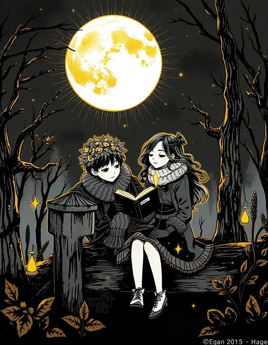 an ink and gold leaf hybrid illustration of a scene under a full moon at night. the ink lines flow across the page freely, forming the silhouettes of a flowerboy and girl warmly dressed in layered clothing with collars and gloves, sitting in a city park surrounded by wooden and stone carvings that blend seamlessly into the environment. golden accents catch the light, highlighting the contours of the figures and the intricate carvings, while the dark ink background creates a sense of mystery and depth. the flowerboy holds a book with a faint glow emanating from it, as the flower girl holds a crystal that also radiates a soft light. the air is filled with the gentle glow of lumen tracers reflecting their emotions, as they sit serenely amidst the city park's beauty, in an atmosphere reminiscent of edgar allan poe's works.