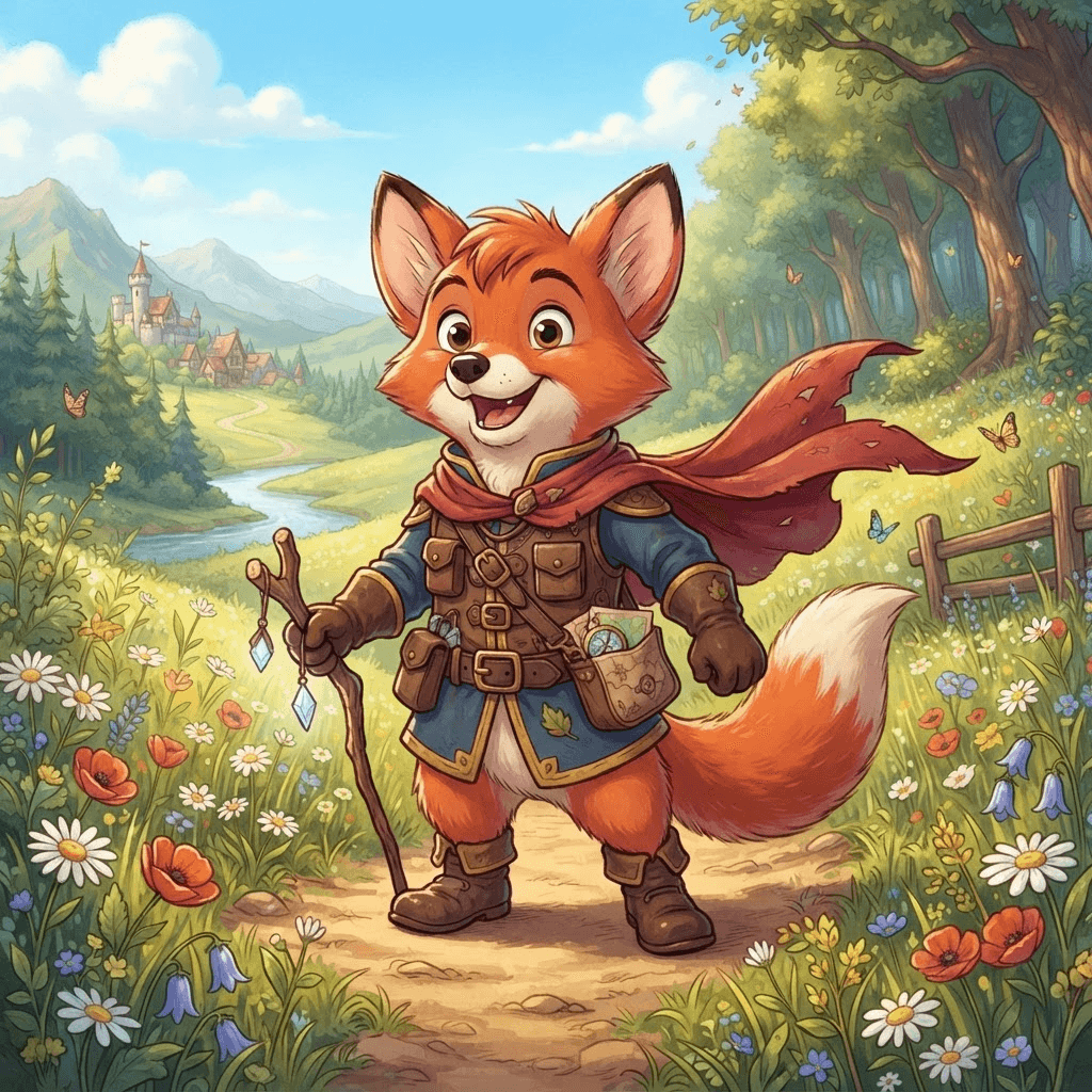 Disney-style original character, cheerful animal-sidekick fox in an adventurer outfit with a tiny cape