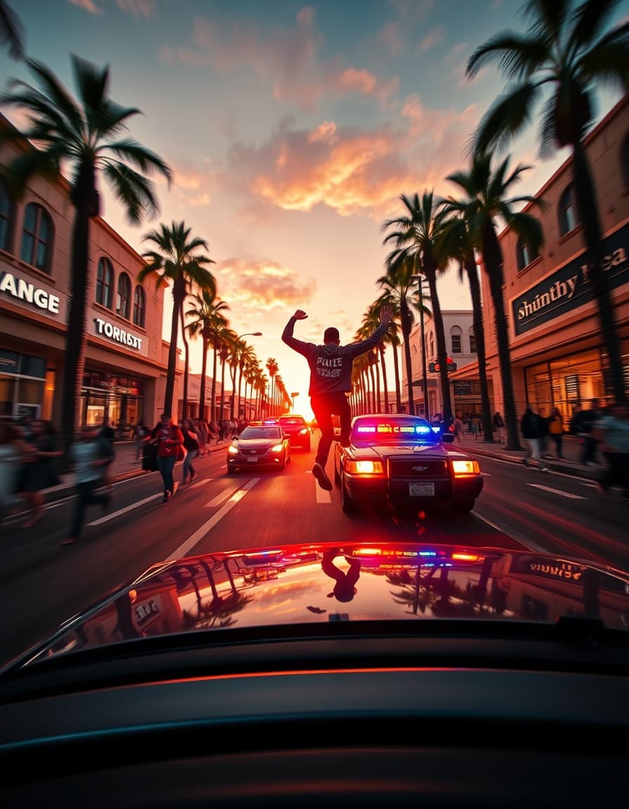An action police chase cinematic scene from a speeding car in the streets of a shopping area in Los Angeles Hollywood with lots of palm trees , during an orange sunset , while the car slips at the crossroads between the running shopping crowd , the driver is jumping out of the fast driving car