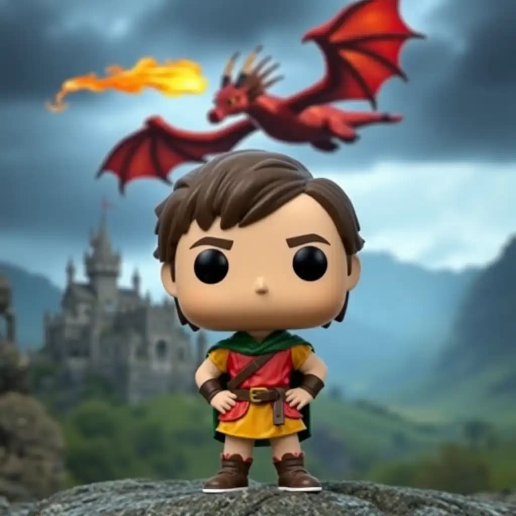 A Funko Pop version of a beloved character from a classic fantasy movie, standing in front of an epic fantasy landscape. The character’s exaggerated head and eyes give them a cute, quirky look, but their pose exudes strength and courage. In the distance, a castle looms over the scene, with a fiery dragon circling above. The figure’s brightly colored outfit pops against the dark and moody sky, creating a striking contrast.