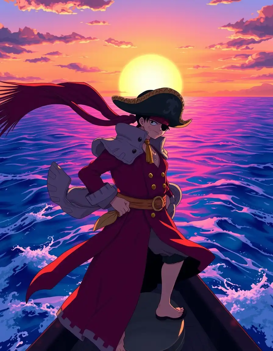 “Anime pirate captain with straw hat standing on a ship mast, wind blowing cape, dramatic sunset over the ocean, vibrant colors, cinematic anime style inspired by One Piece.”