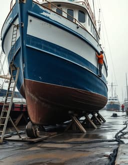 a heavily weathered commercial fishing vessel supported by sturdy wooden cribbing in an old coastal shipyard, its hull painted in striking blue and white tones, true‑color light and high‑cri neutral full‑spectrum lighting for absolute color accuracy, emphasizing authentic chroma of the blue‑and‑white paint, weathered wood, metal and wet mud. the massive boat dominates the low three‑quarter view, with realistic structural details, weathered wheelhouse, and a single worker in a faded orange jacket painting the hull. sparse shipyard tools, a leaning ladder, and muted harbor background suggest a real new england fishing harbor, while subtle overcast sky and cold morning haze add atmospheric depth in precise, unbiased colors, crisp texture, and a cinematic maritime photography style.