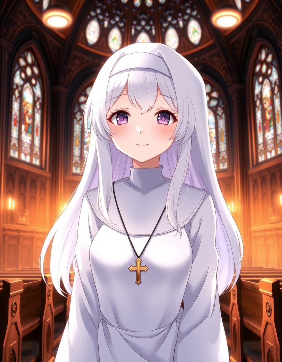 A serene and peaceful scene of an Anime Girl Nun, a young female character with a gentle and compassionate face, wearing a traditional nun's habit with a cross pendant, her bright and striking white hair falling in loose, flowing waves down her back, with subtle hints of soft, feathery texture, and a warm, comforting smile on her lips, as she stands in a beautifully ornate, dimly lit chapel, surrounded by intricate stained glass windows and rows of wooden pews, filled with an atmosphere of quiet contemplation and spiritual devotion.