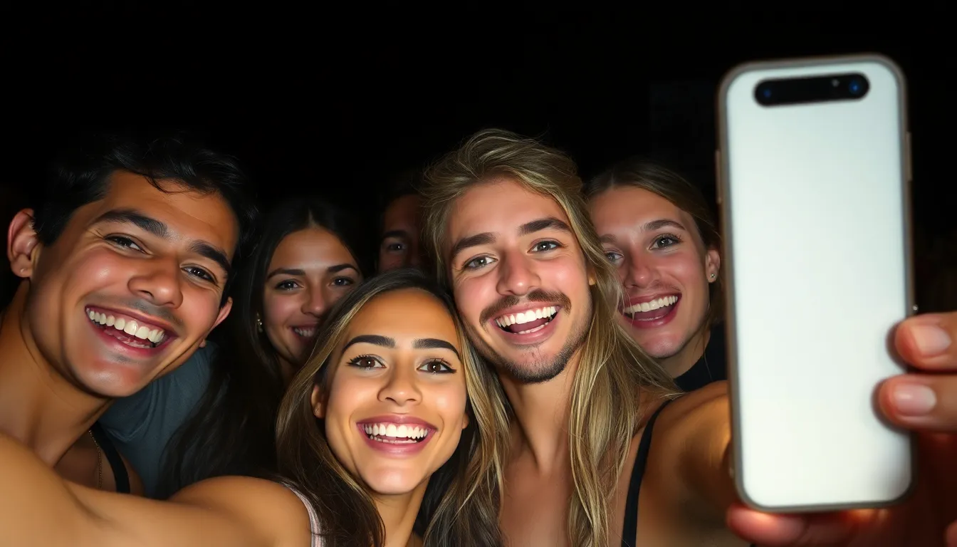 Group of friends smiling and taking selfie at night,
happy expressions,
but dark background,
cinematic contrast lighting,
animated style,
no text, 16:9