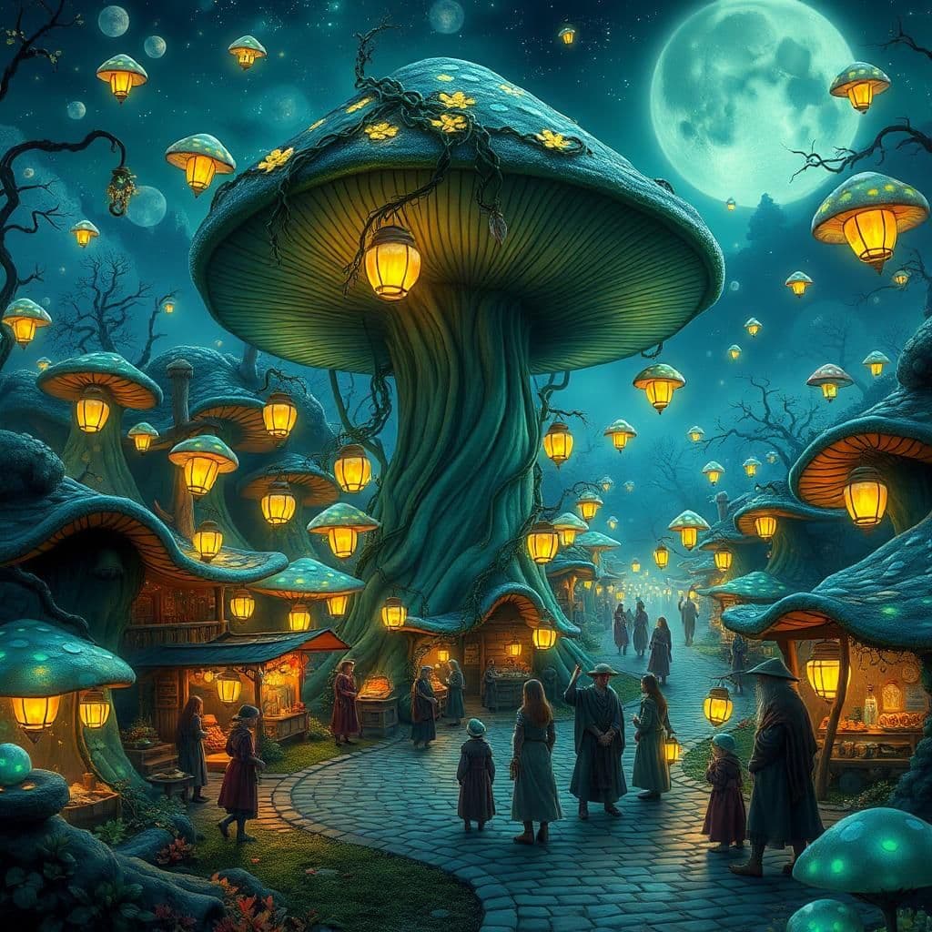 A grand festival takes place in the heart of the Enchanted Mushroom Village, where the entire landscape is bathed in the soft glow of bioluminescent fungi. Lanterns made from hollowed-out mushroom caps float in the air, illuminating the cobblestone pathways lined with vendor stalls selling glowing nectar, potion-infused mushrooms, and enchanted trinkets. A towering, ancient toadstool serves as the village’s central meeting place, its cap draped in vines that glimmer like silver under the starlit sky. The villagers, dressed in robes woven from spider silk and flower petals, gather around an elder shaman who raises a staff adorned with glowing spores, signaling the beginning of an age-old ritual that connects them to the spirit of the forest.