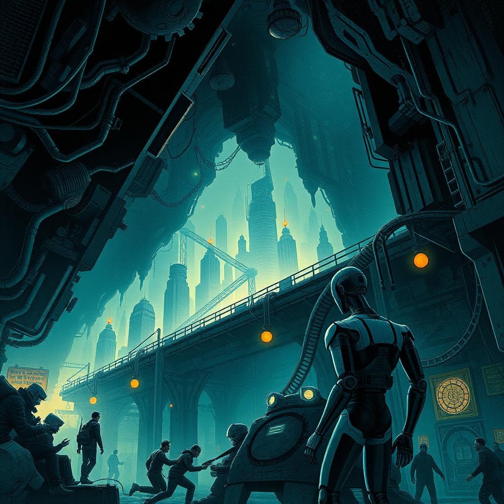a sci-fi Noir post-futuristic scene of a city underbelly, caves of steel, robotic humans, androids, humans isaac Asimov book cover style of Michel Whelan, high quality, aesthetic, graphic novel, ghosts in the machine