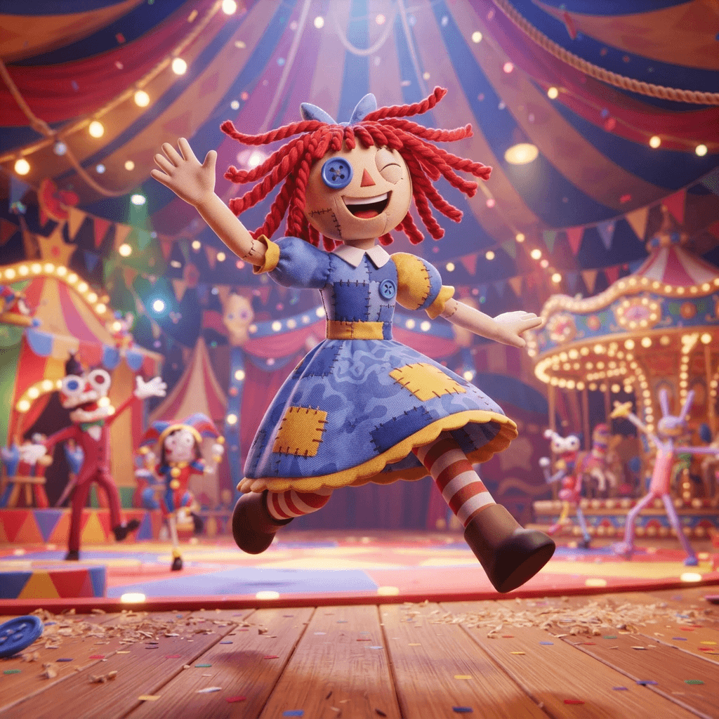 Ragatha from The Amazing Digital Circus, patchwork rag doll girl, red yarn braided hair, blue button eyes, blue and yellow dress, striped stockings, dynamic playful action pose under the big top, glossy 3D circus style, polished expressive 3D animation, bright colorful Amazing Digital Circus environment, no text, no logo, no watermark