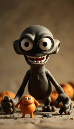 create a premium original 9:16 vertical claymation scene for a highly engaging usa youtube shorts audience. use a completely original non‑human fantasy character with an exaggerated expressive face, huge glossy eyes, chunky rounded geometry, and a memorable silhouette, rendered in highly detailed, hand‑crafted clay textures and matte finishes. build an instantly understandable visual gag where the main character is caught in a surprising, slightly chaotic moment while a second small character or object reacts dramatically, with the first frame featuring a large foreground subject, clear facial expression, strong visual contrast, and dramatic studio lighting that highlights the clay texture and subtle depth of field. the composition should be clean, dynamic, and shareable, with no text, logos, or copyrighted elements, preserving a fresh, weird, cute, and instantly scroll‑stopping vibe.