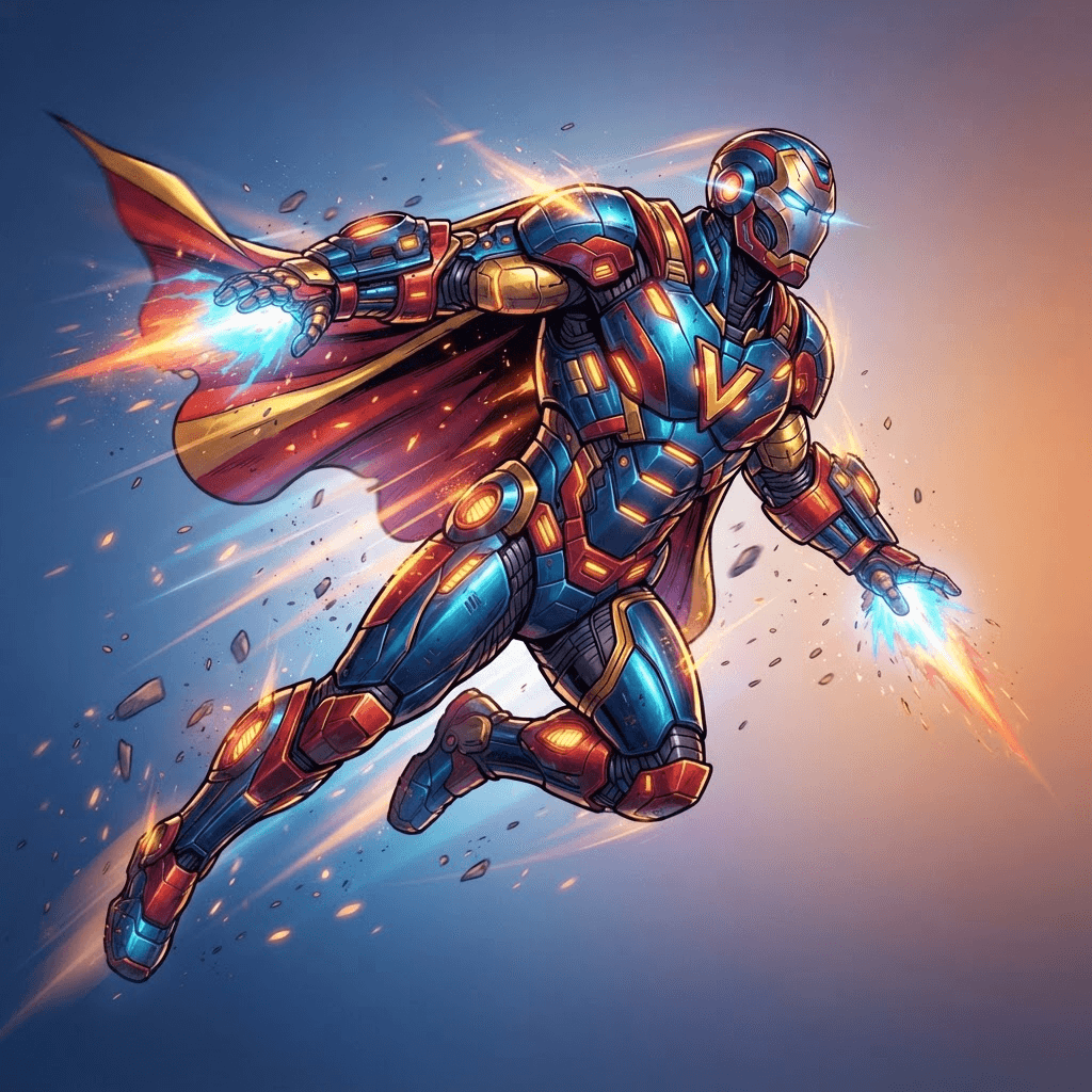 male Marvel-style superhero original character, tech-powered exosuit, mid-flight action shot