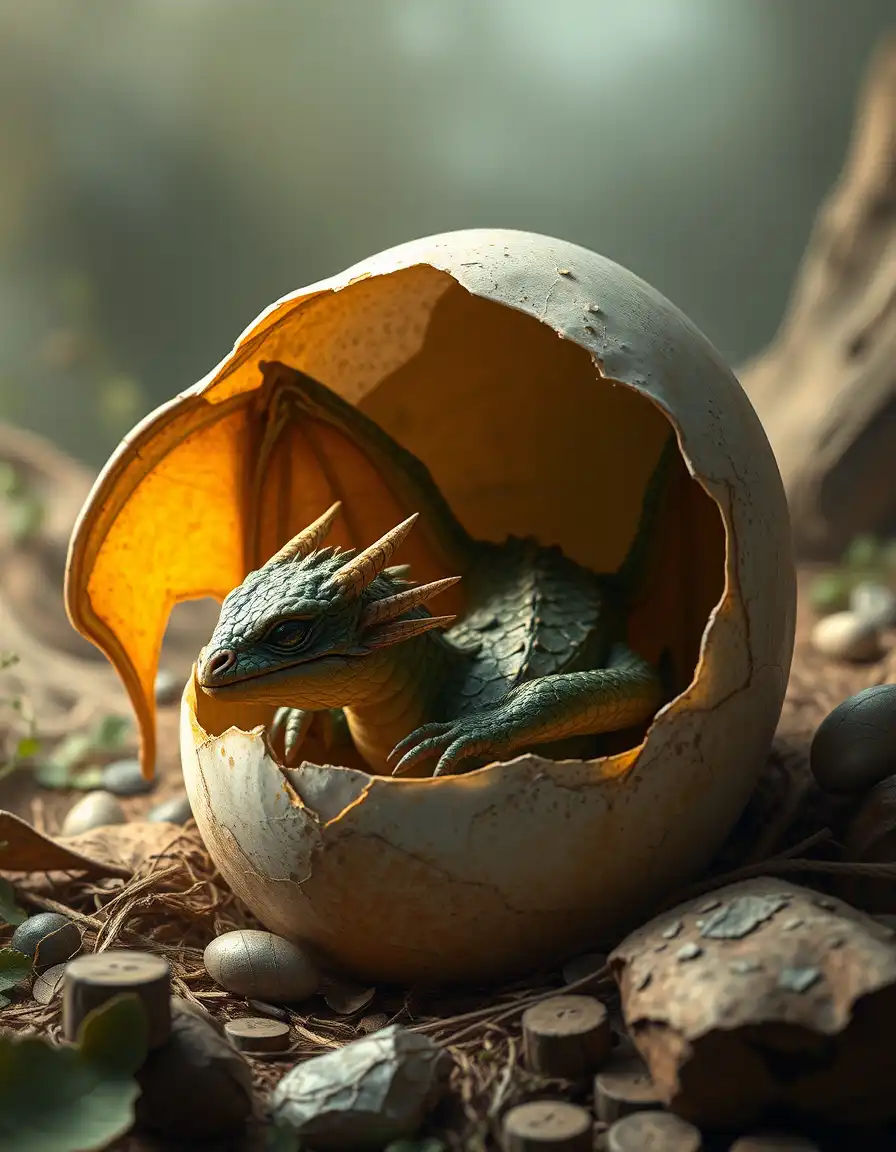 Fantasy Dragon Hatchling Emerging from Egg: A dragon hatchling emerging from its egg in a fantasy setting, scales and wings, new life and magic, mythical creature birth.