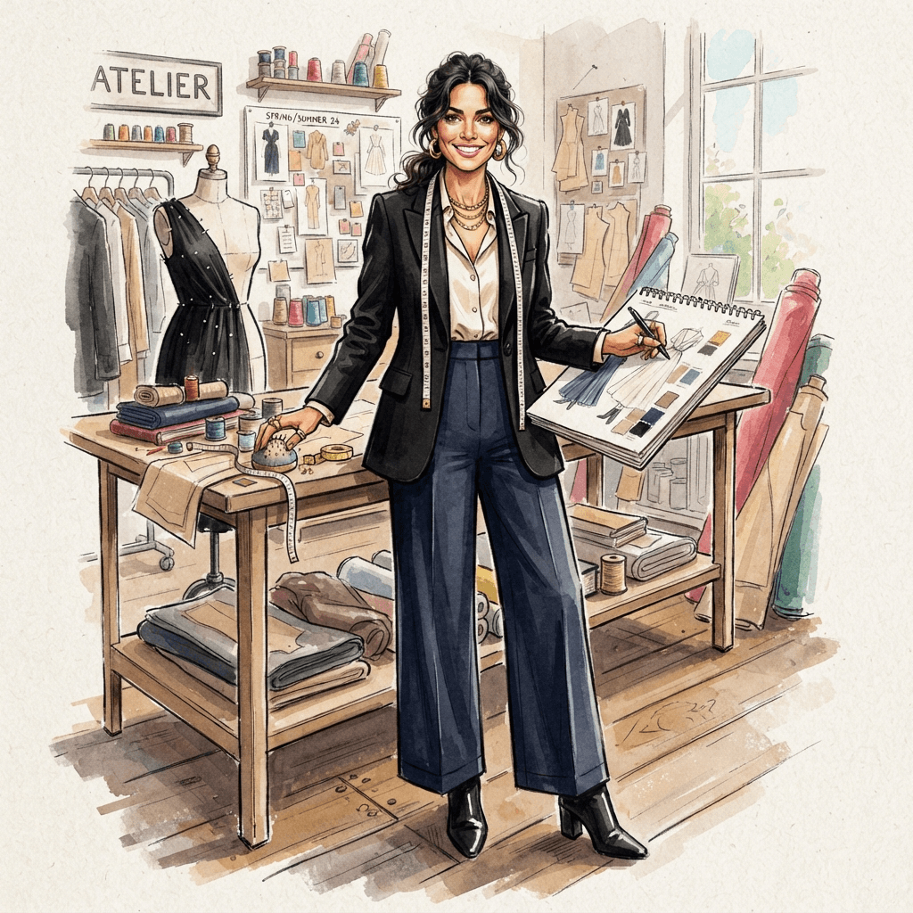 fashion designer look, atelier styling with measuring tape and sketches, chic workwear, styled with statement accessories, fashion illustration, full body