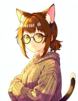 VTuber character portrait of female, a nekomimi catgirl with cat ears and a long tail, fully clothed, warm brown hair, warm amber eyes, round glasses, cosy and soft, clean anime VTuber model art, cel-shaded 2D illustration, crisp lineart, vivid colours, soft rim lighting, head and shoulders, facing forward, plain flat white background