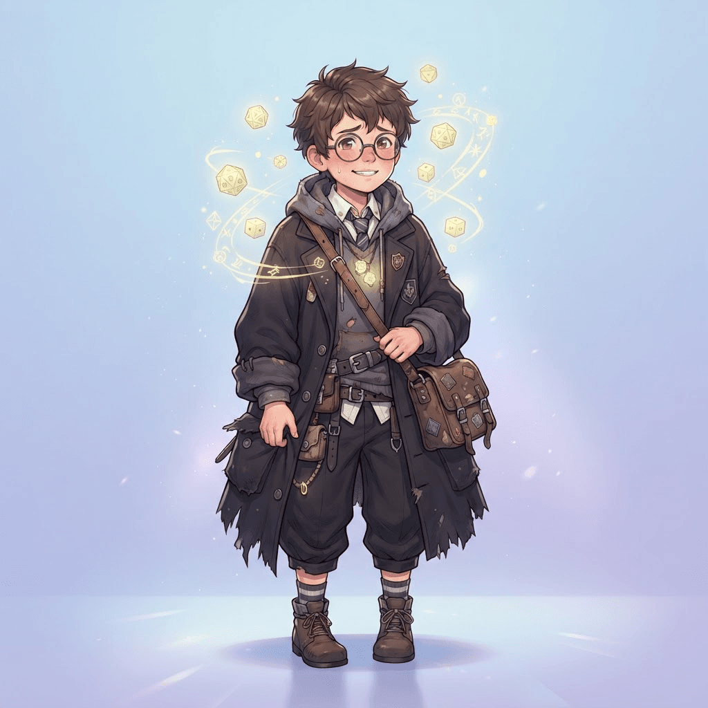 Anime illustration, full body, original short sorcerer boy with round glasses and a satchel, oversized dark coat, pale yellow cursed energy forming small floating dice around his head, nervous smile, clean soft gradient studio background, vibrant, crisp lines