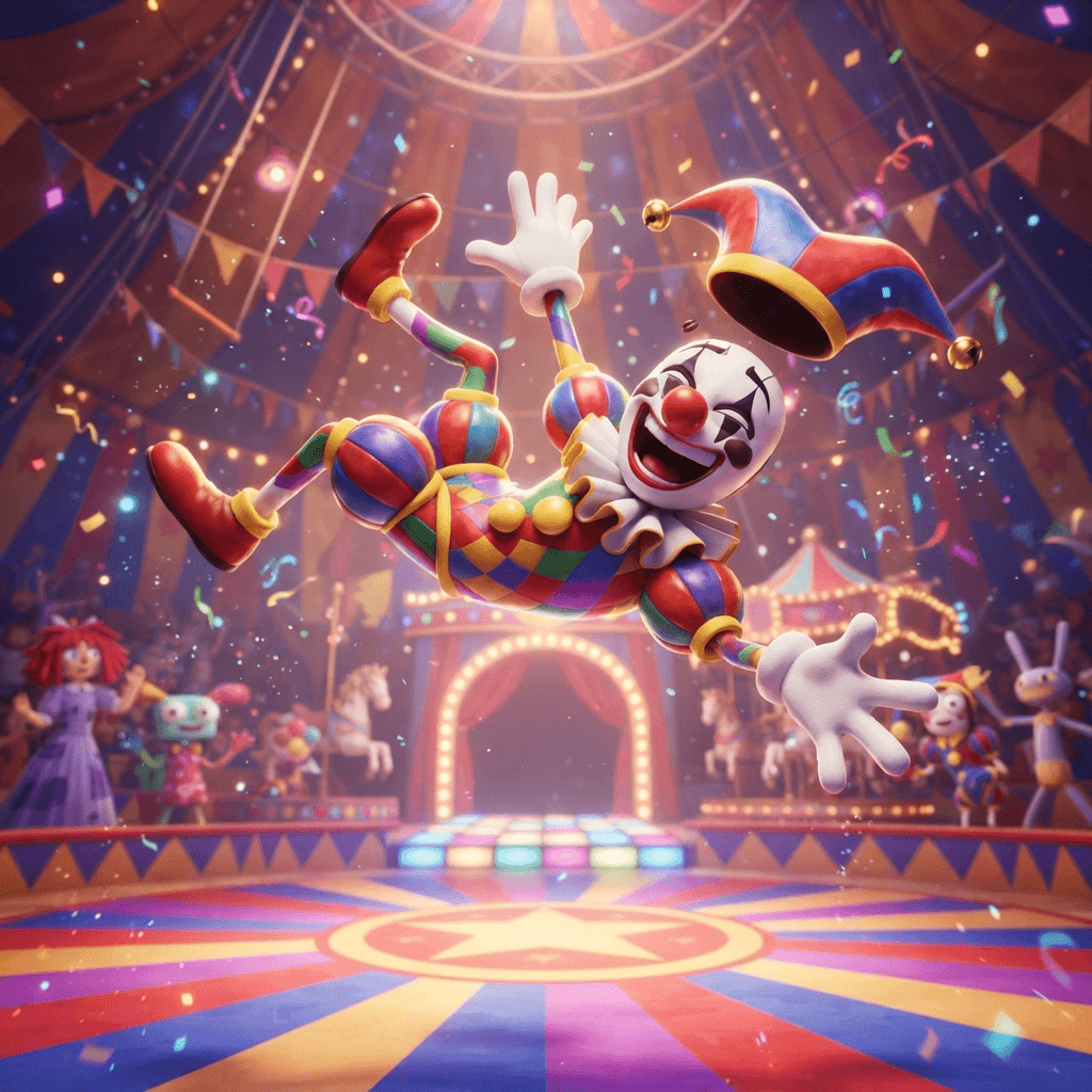 Kaufmo from The Amazing Digital Circus, cheerful harlequin clown character, colorful diamond patterned suit, big red nose, dynamic playful action pose under the big top, glossy 3D circus style, polished expressive 3D animation, bright colorful Amazing Digital Circus environment, no text, no logo, no watermark