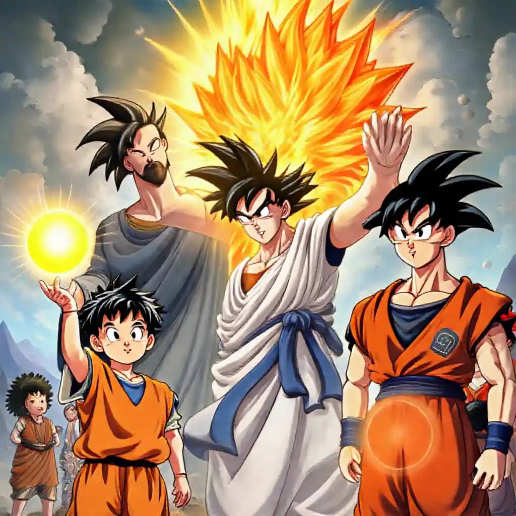 The image features a young Gohan holding a glowing sun in his hand, standing next to Jesus Christ powering up into a Super Saiyan form. Human Goku and Son Goku are also present, along with various other Dragon Ball characters. The background shows a mix of real-life and Dragon Ball elements, blending seamlessly to create a fantastical setting. The characters are depicted in a detailed Dragon Ball style, capturing their intense emotions as they prepare for battle. The portrait of Goku is particularly striking, showing his determination and power as he transforms into a Super Saiyan.