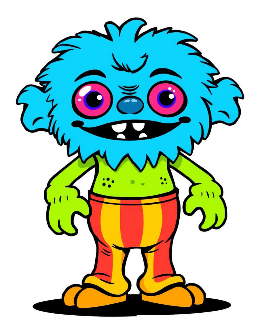 Bold quirky monster character, colorful clown-like creature with striped pants, thick black outlines, vibrant neon flat colors, white background, funny cartoon style, t-shirt print design --ar 1:1