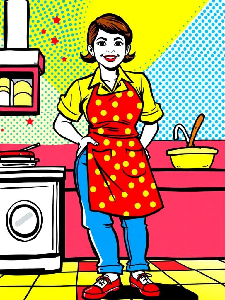 Your revised prompt effectively captures the essence of the Pop Art style. You've incorporated key elements such as:

1. Bold colors: The bright yellow shirt, blue jeans, and red apron with a fun pattern all contribute to a vibrant and eye-catching color palette.
2. Playful patterns: The inclusion of Ben-Day dots and playful patterns in the background adds a dynamic, comic book-like feel to the image.
3. Bold lines and outlines: The use of bold, black outlines gives the scene a graphic, illustrated quality, reminiscent of Pop Art's emphasis on bold lines and high contrasts.
4. Fun, cartoon-like atmosphere: The overall tone of the prompt is lighthearted and humorous, with a sense of energy and playfulness that's characteristic of Pop Art.

By incorporating these elements, you've created a prompt that's well-suited to generating an image in the Pop Art style. The image is likely to be bright, colorful, and attention-grabbing, with a sense of movement and energy that draws the viewer in.

One potential suggestion to further enhance the prompt is to consider adding some iconic or symbolic elements that are characteristic of Pop Art. For example, you could include a few subtle references to consumer culture, such as a brand logo or a product packaging in the background. This could add an extra layer of depth and meaning to the image, while still maintaining the overall playful and lighthearted tone. However, this is a minor suggestion, and the prompt is already well-suited to generating a compelling and engaging image in the Pop Art style.