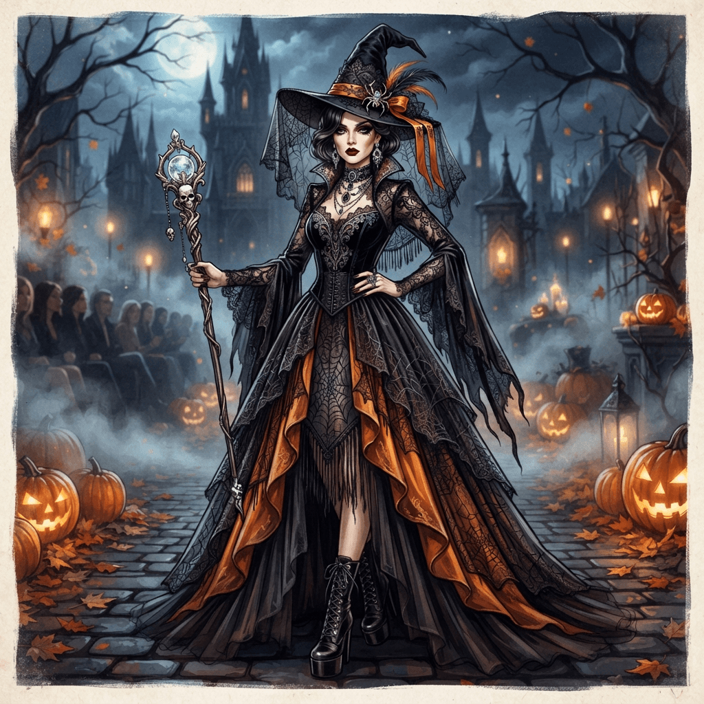 halloween costume fashion, gothic witch silhouette, cobweb lace, pumpkin orange and black palette, styled with statement accessories, fashion illustration, full body